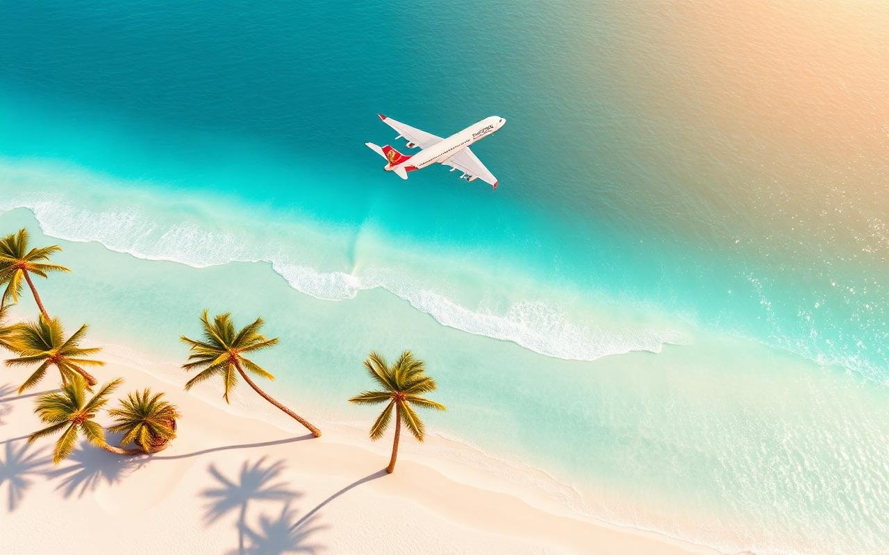 Tropical beach with airplane flying over turquoise ocean — summer travel inspiration