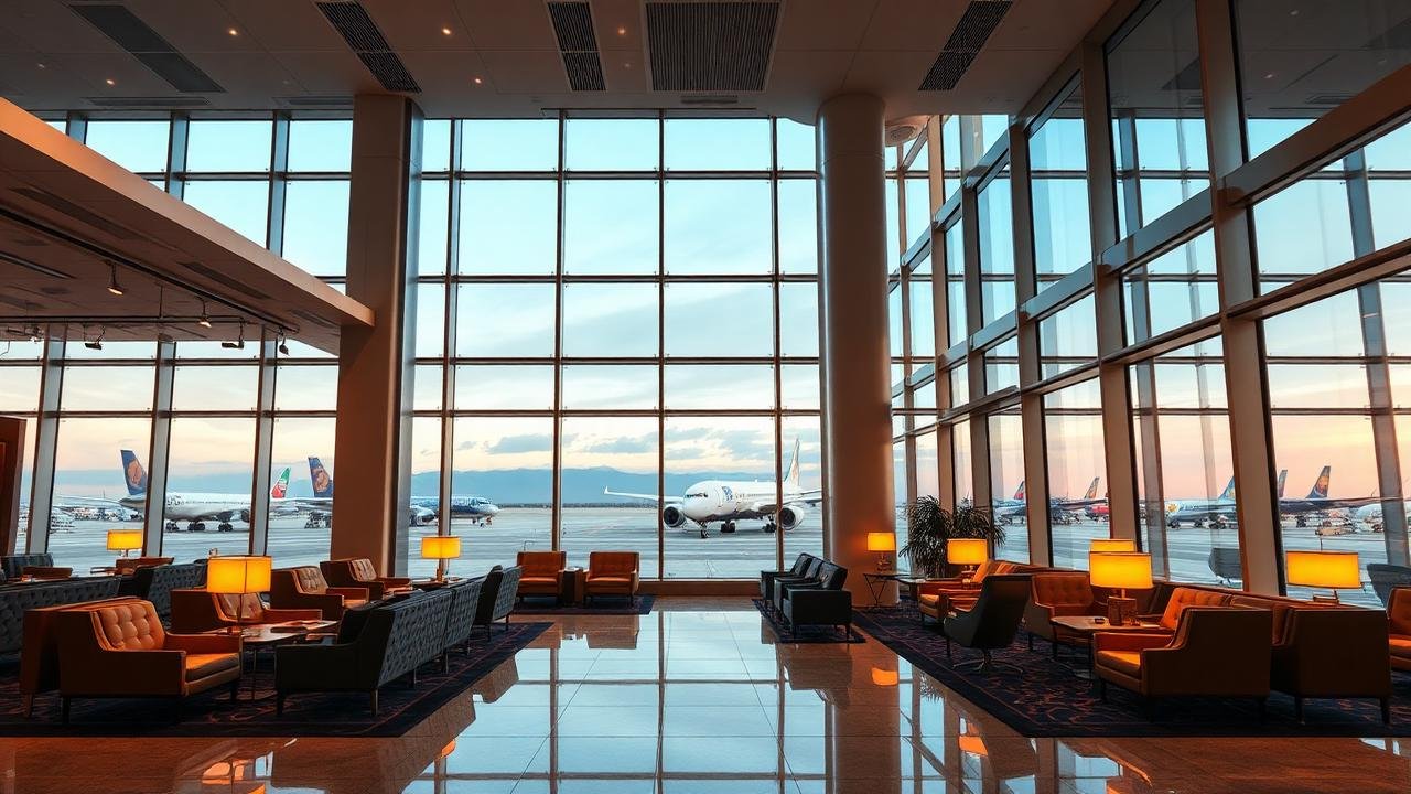 Luxurious airport lounge with panoramic runway views included with the membership