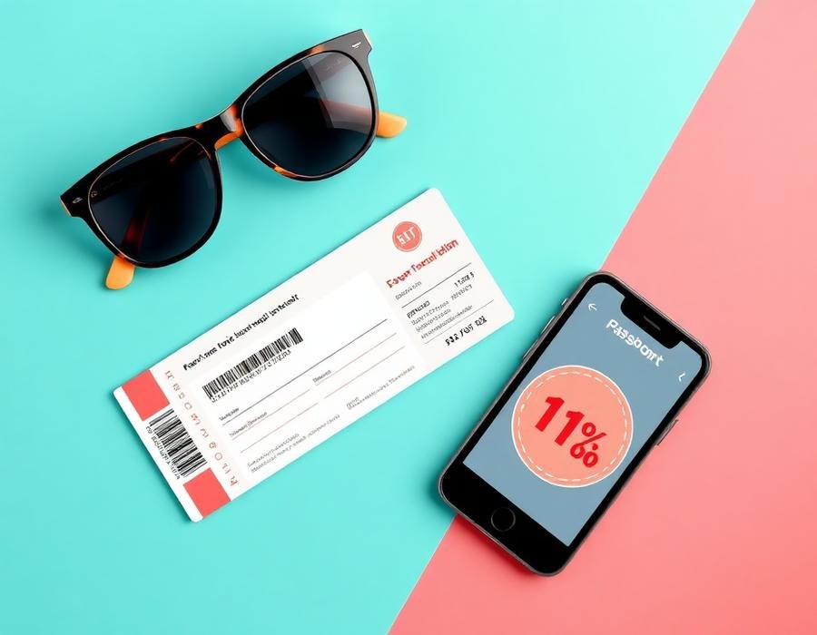 Summer travel flat-lay with passport, sunglasses and 11 percent discount badge